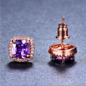 Purple Amethyst Diamond Zirconia Rose Gold Stud Luxury Earrings New In Gift Box